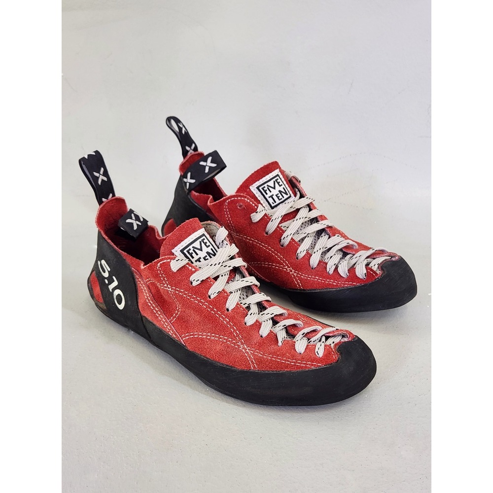 Five Ten Moccasym Climbing Shoes Men 8.5 Red Suede Stealth C4 Rubber Lace Up